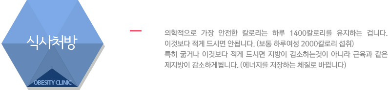 식사처방 - 의학적으로 가장 안전한 칼로리는 하루 1400칼로리를 유지하는 겁니다. 이것보다 적게 드시면 안됩니다. (보통 하루여성 2000칼로리 섭취)특히 굶거나 이것보다 적게 드시면 지방이 감소하는것이 아니라 근육과 같은 제지방이 감소하게됩니다. (에너지를 저장하는 체질로 바뀝니다)
