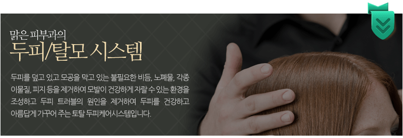 맑은 피부과의 두피/탈모 시스템(두피를 덮고 있고 모공을 막고 있는 불필요한 비듬, 노폐물, 각종 이물질, 피지 등을 제거하여 모발이 건강하게 자랄 수 있는 환경을 조성하고 두피 트러블의 원인을 제거하여 두피를 건강하고 아름답게 가꾸어 주는 토탈 두피케어시스템입니다.)