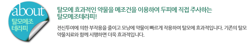 탈모에 효과적인 약물을 메조건을 이용하여 두피에 직접 주사하는 탈모메조테라피! 전신투여에 의한 부작용을 줄이고 모낭에 약물이 빠르게 작용하여 탈모에 효과적입니다. 기존의 탈모 약물치료와 함께 시행하면 더욱 효과적입니다. 