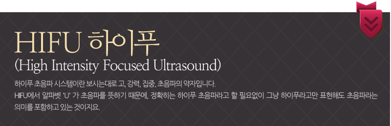 HIFU 하이푸 (High Intensity Focused Ultrasound) : 하이푸 초음파 시스템이란 보시는대로 고, 강력, 집중, 초음파의 약자입니다.HIFU에서 알파벳 'U' 가 초음파를 뜻하기 때문에, 정확히는 하이푸 초음파라고 할 필요없이 그냥 하이푸라고만 표현해도 초음파라는 의미를 포함하고 있는 것이지요.