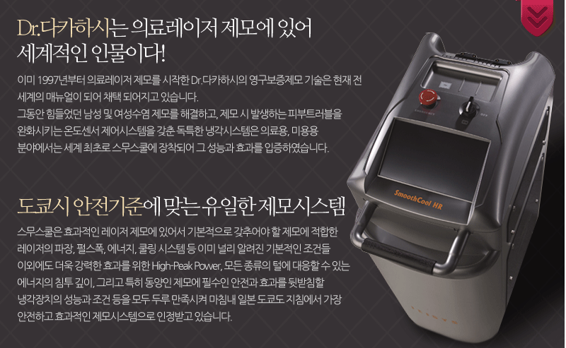 Dr.다카하시는 의료레이저 제모에 있어 세계적인 인물이다! : 이미 1997년부터 의료레이저 제모를 시작한 Dr.다카하시의 영구보증제모 기술은 현재 전 세계의 매뉴얼이 되어 채택 되어지고 있습니다.그동안 힘들었던 남성 및 여성수염 제모를 해결하고, 제모 시 발생하는 피부트러블을 완화시키는 온도센서 제어시스템을 갖춘 독특한 냉각시스템은 의료용, 미용용 분야에서는 세계 최초로 스무스쿨에 장착되어 그 성능과 효과를 입증하였습니다. / 도쿄시 안전기준에 맞는 유일한 제모시스템:스무스쿨은 효과적인 레이저 제모에 있어서 기본적으로 갖추어야 할 제모에 적합한 레이저의 파장, 펄스폭, 에너지, 쿨링 시스템 등 이미 널리 알려진 기본적인 조건들 이외에도 더욱 강력한 효과를 위한 High-Peak Power, 모든 종류의 털에 대응할 수 있는 에너지의 침투 깊이, 그리고 특히 동양인 제모에 필수인 안전과 효과를 뒷받침할 냉각장치의 성능과 조건 등을 모두 두루 만족시켜 마침내 일본 도쿄도 지침에서 가장 안전하고 효과적인 제모시스템으로 인정받고 있습니다.