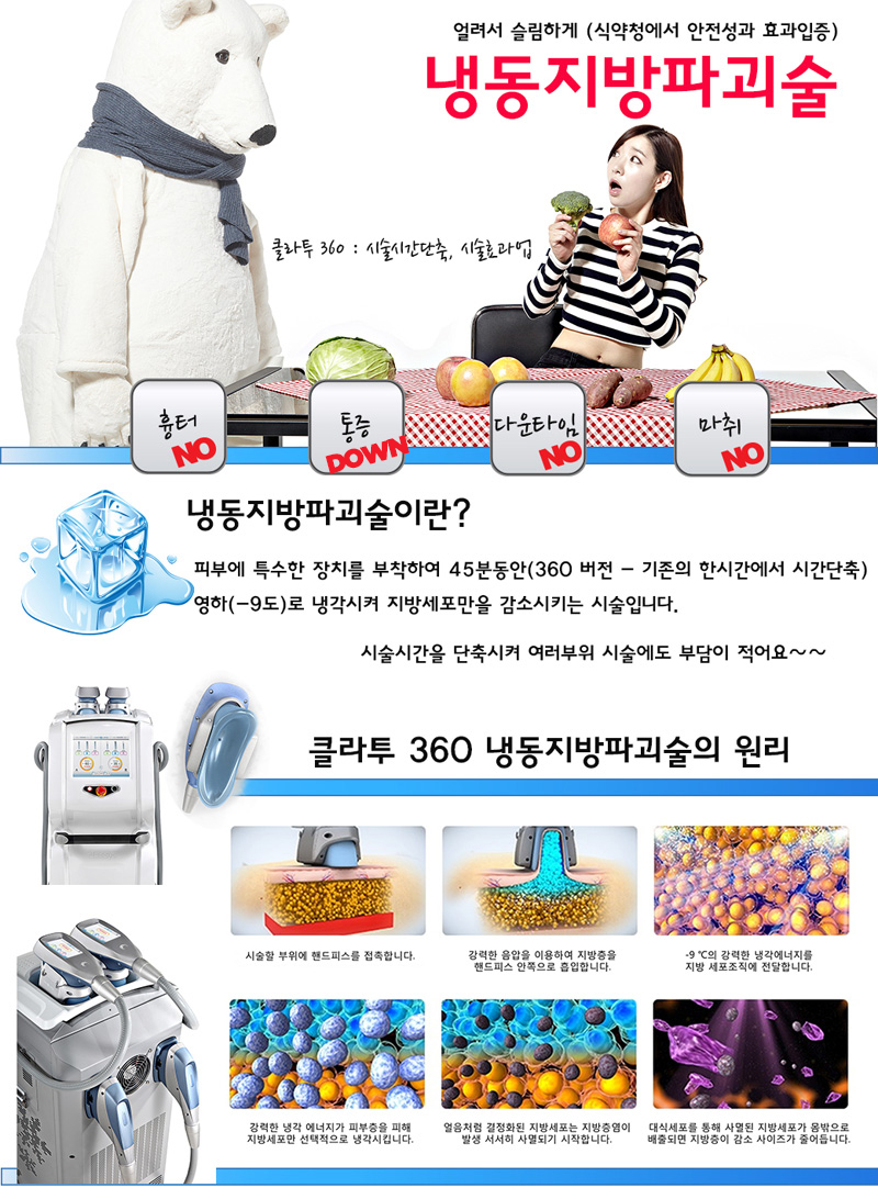 클라투 냉동지방파괴술 피부에 특수한 장치를 부착시켜 45분동안 (360버전 기존의 한시간 에서 시간단축 ) 영하 (-9도)로 냉각시켜 지방세포만을 감소시키는 시술입니다. 시술시간을 단축시켜 여러부위 시술에도 부담이 적어요